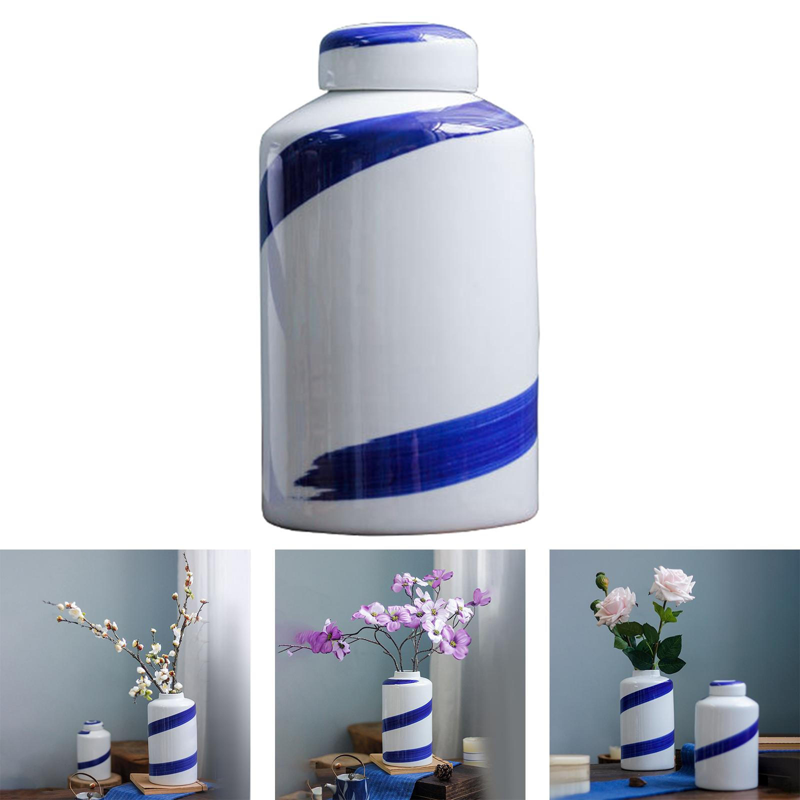

Blue Stripe Porcelain Flower Vase with Topped Lid Jar Decoration Farmhouse Modern Elegant Finish Size S