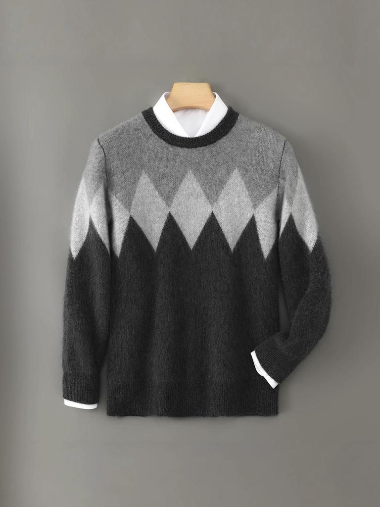 Men's Diamond Pattern Wool Sweater - Color Block Round Neck Pullover for Autumn & Winter.