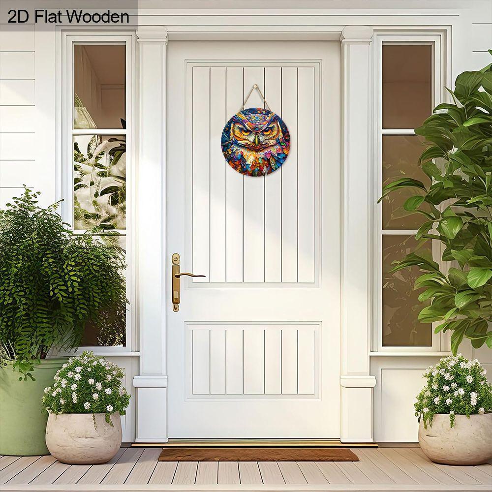 2D flat wooden hanging decorative signs, home wall or door decoration, garden decoration, the pattern is a colorful owl, housewarming gift for friends