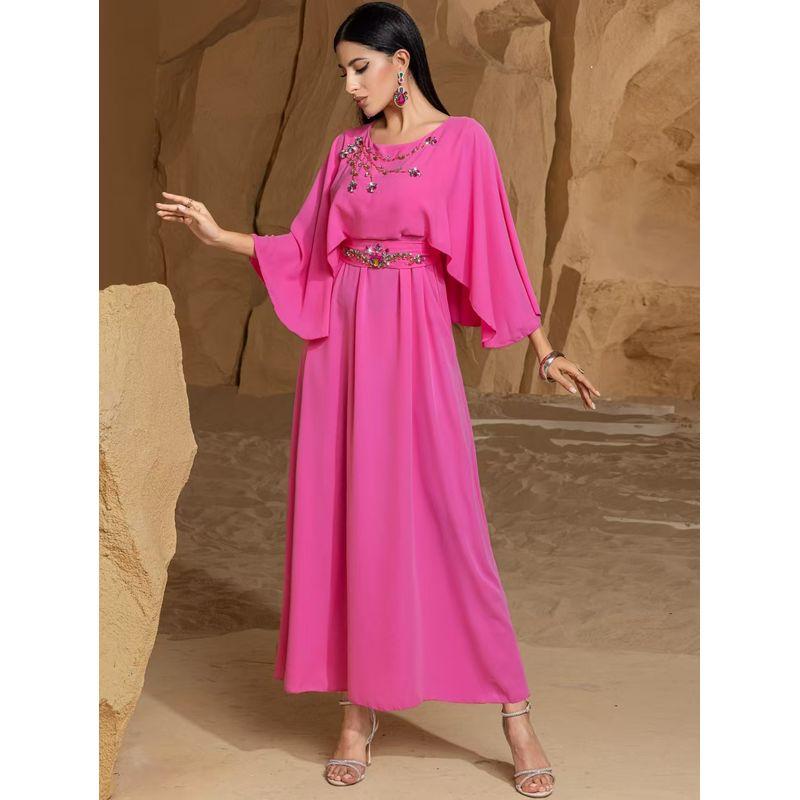 

New Middle East Dubai Robe Handmade Seam Drill Dress Shawl Sleeve Nail Bead Dress Peach Pink 2XL