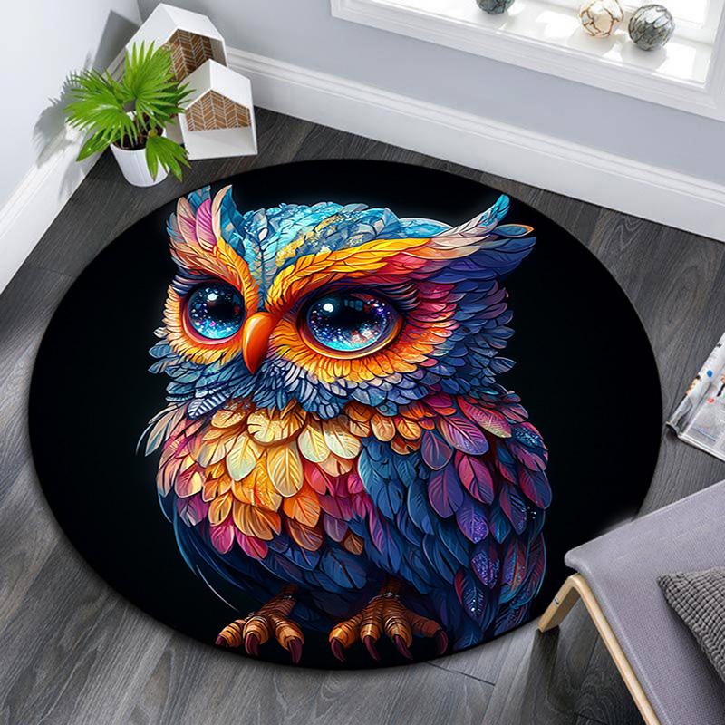 Owl Artwork Round Area Rug,Carpet Rug for Living Room Bedroom Sofa Playroom Decor,Non-slip Floor Mat