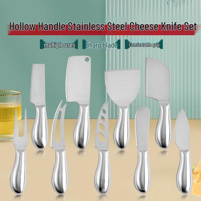 All-Stainless Steel Cheese Knife Set: Hollow Handle with Butter Knife, Pizza Knife, Cheese Fork, Cheesecake Knife and Fork.