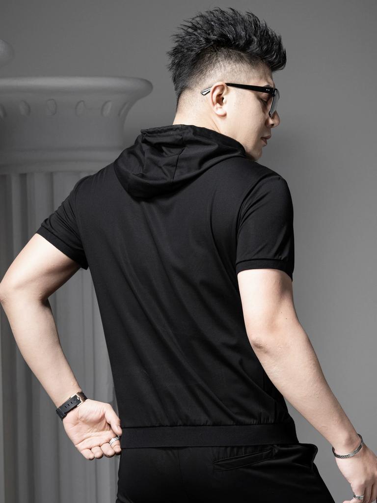 European Style 2025 Summer New Hooded Short-Sleeve T-Shirt Men's Trendy Slim-Fit Top Solid Color Hoodie Half-Sleeve Sweatshirt