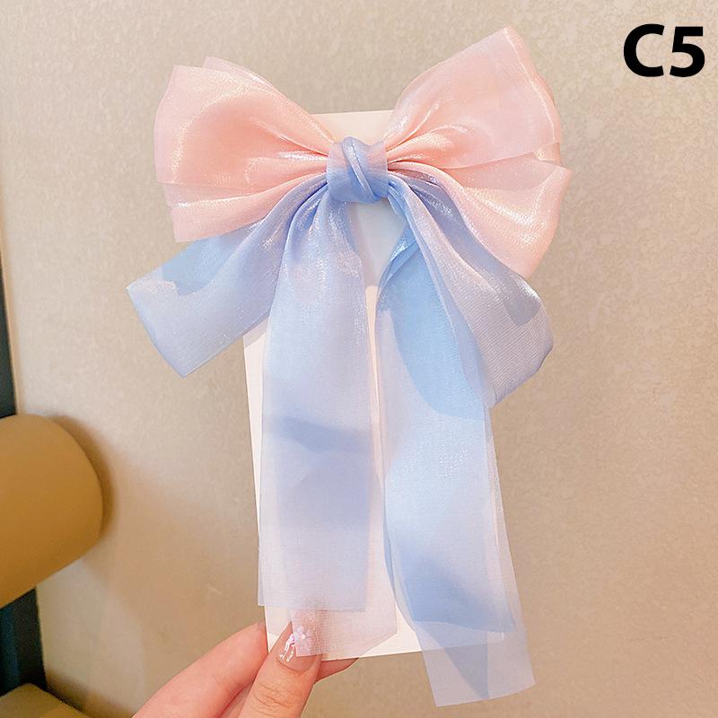 Girls Cute Elegant Mesh Bow Ribbon Hair Clip With Faux Pearl Tassel Crystal Decoration Colorful Chiffon Headwear For Party Kids