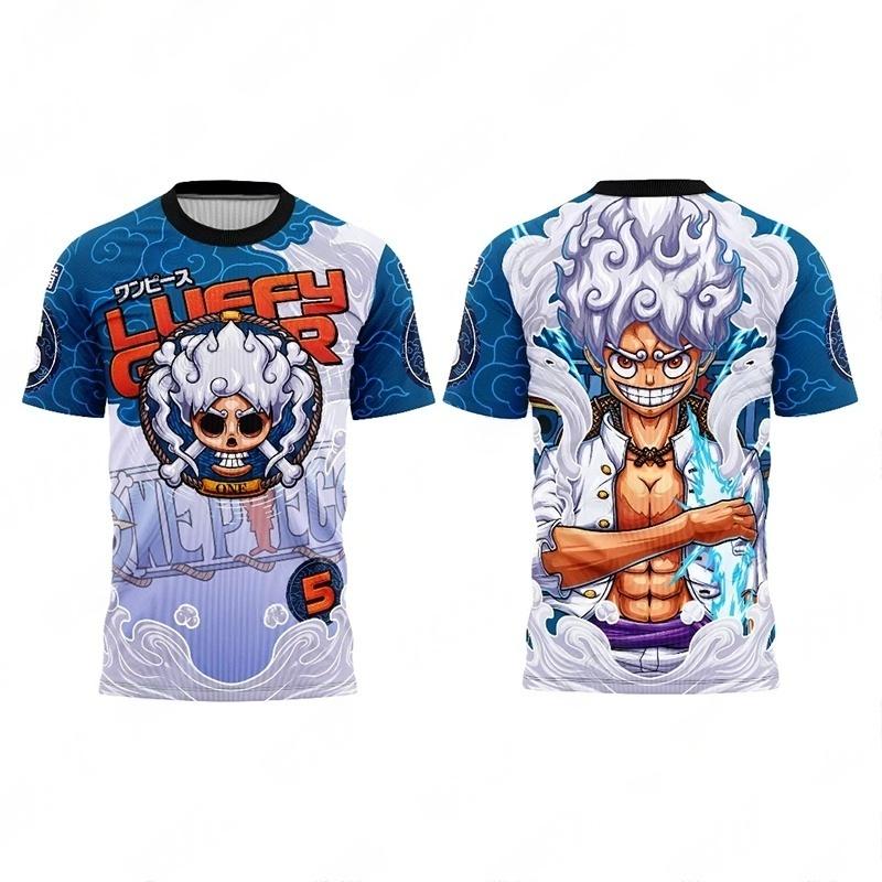 One Piece Luffy Gear 5 Nika 3D All Over Print Breathable Blue Wave Anime Streetwear Unisex Front Back Print Short Sleeve Tee
