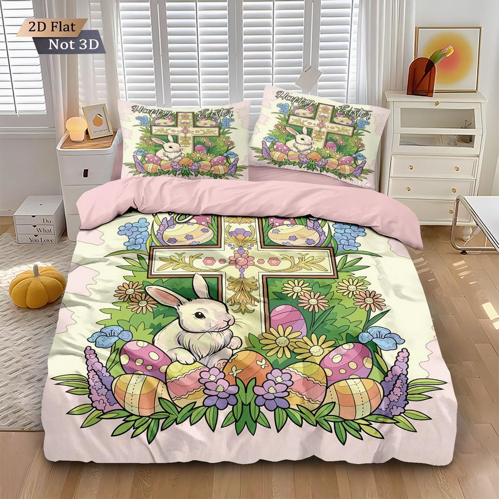 3pcs Easter Happy Flower Rabbit Print Coreless Down Duvet Cover Set Comfortable Bedroom Bedding Decoration Machine Washable