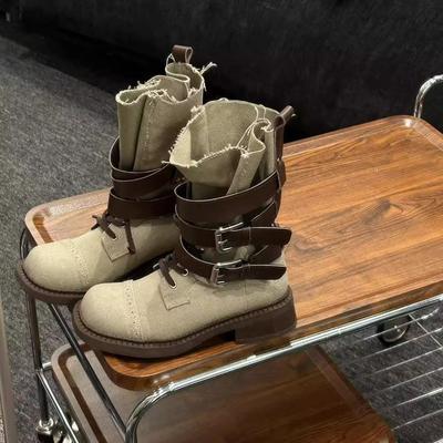 Fashion Autumn Winter New Style Ladies Short Boot Belt Buckle Decorated Cowboy Boots Wedge Heel Thick Sole Non-Slip Outdoor Boots Travel