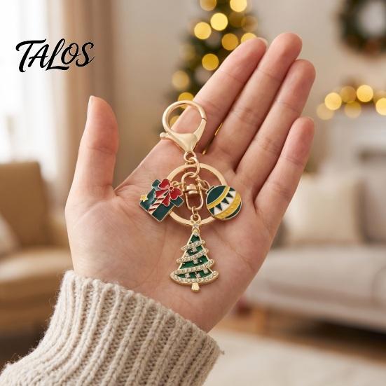 Christmas Ornament Santa Tree Snowman Keychain, Golden Plated Zinc Alloy Holiday Theme Keychain Handbags Decorative Accessory with Lobster Clasp Charm