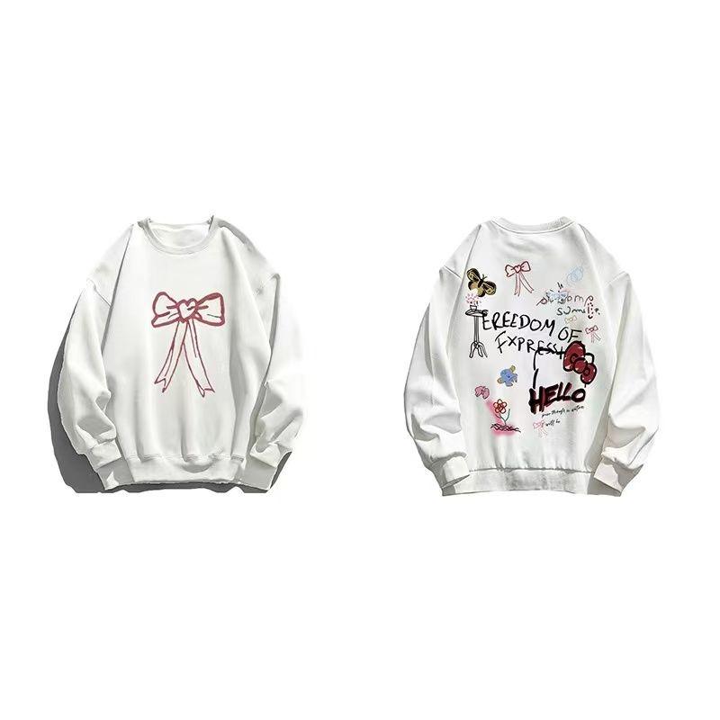 Ladies Cartoon Pattern Solid Color Hoodie Korean Letter Decorated Round Neck Hoodies Winter Loose Versatile Woman Top