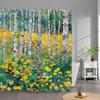 1Pc Spring Woodland Bath Curtain - Vibrant Forest Scene With Yellow Wildflowers, Pink Blooms & Birch Trees - Durable Polyester