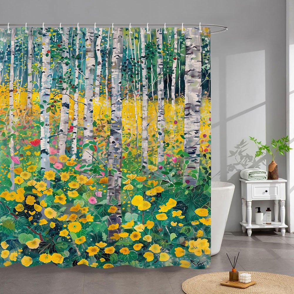 1Pc Spring Woodland Bath Curtain - Vibrant Forest Scene With Yellow Wildflowers, Pink Blooms & Birch Trees - Durable Polyester