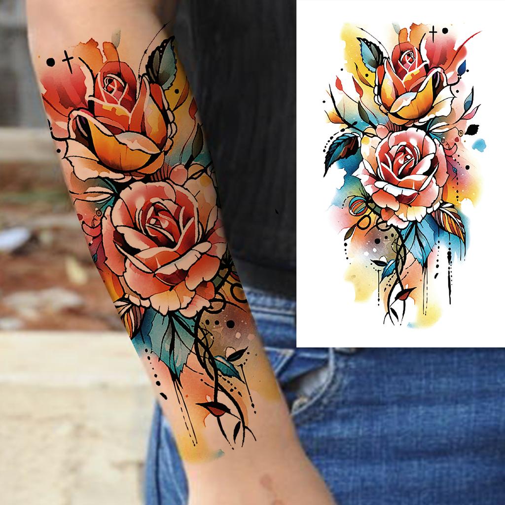 1 Sheet 3D Flower Temporary Tattoos Sleeve For Women Girls Watercolor Peony Rose Sexy Tattoo Sticker Water Transfer Transferable