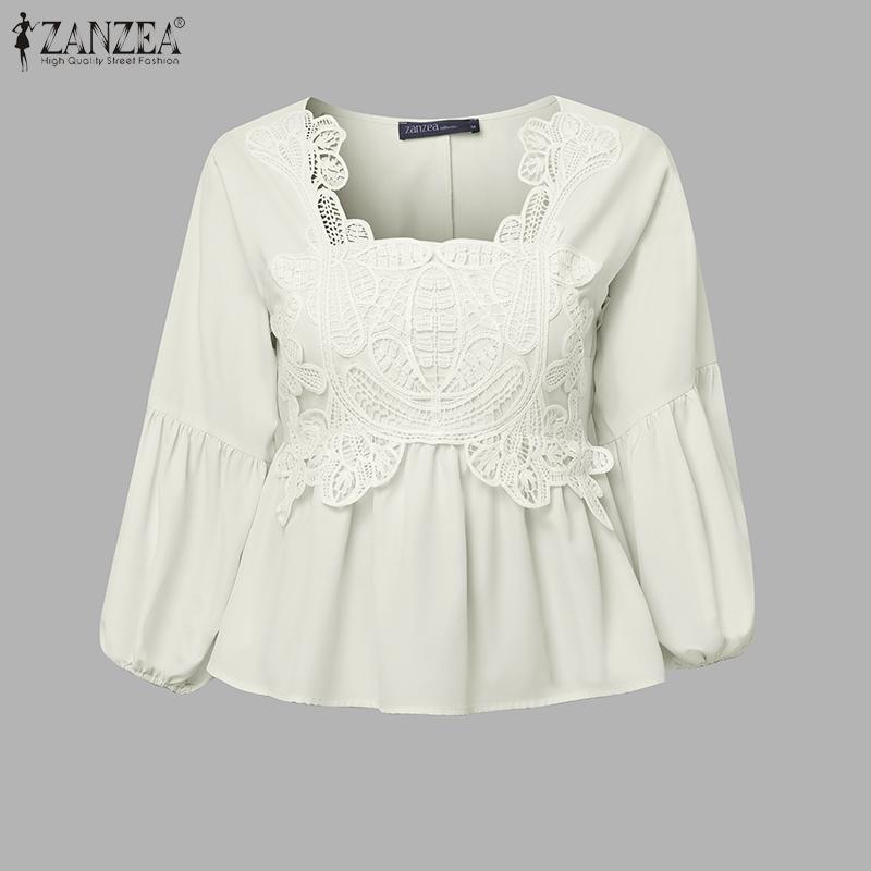 ZANZEA Women Square Neck Casual Crochet Patchwork Summer 3/4 Sleeve Blouse