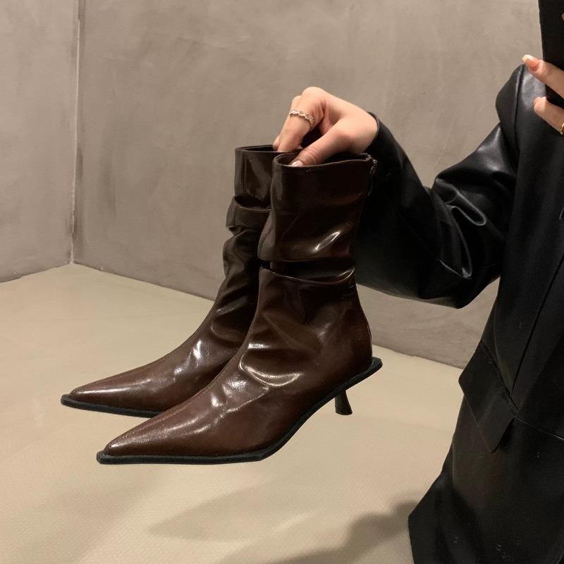 Fashion New Style Vintage Women's Thin Med Heels Ankle Boots Women Winter Shoes Pleated Pointed Toe Short Boots Designer Leather Boots