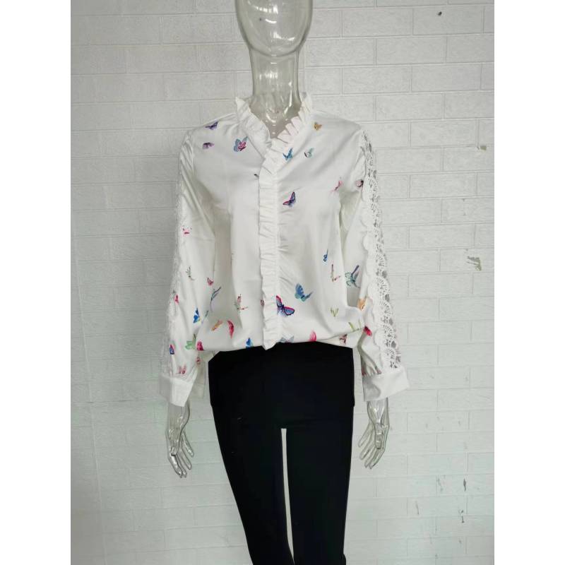 Plus Size Elegant Long Sleeve Ruffle Collar Printed Women's Shirt
