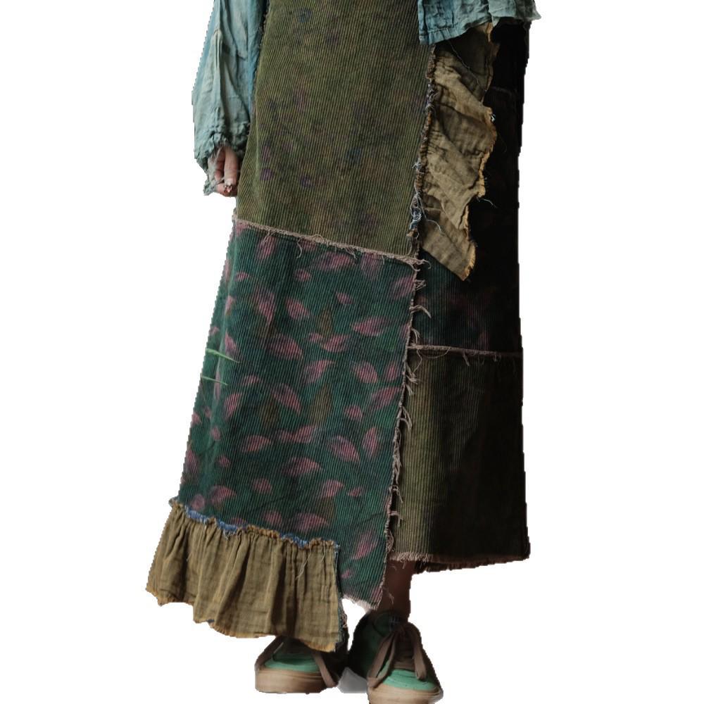 Luo Gu Ni Original Green Patchwork Cotton Linen Lace-Up Wrap Skirt