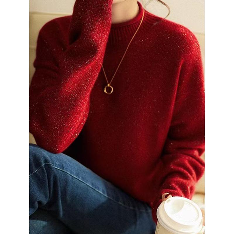 

Новый год Рождество Красный Кардиган с полувысоким воротником Женский Весенний Новый Повседневный Свободный Вязаный Базовый Свитер XL