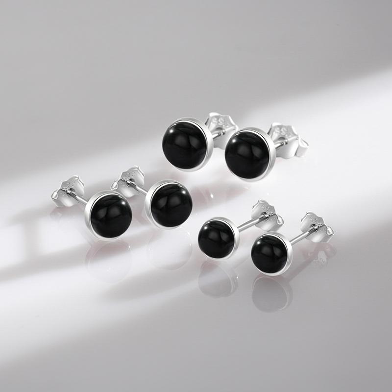 Natürliche Schwarze Achat Ohrstecker 925 Sterling Silber Rund Täglich Hypoallergen Ohrring 4mm 5mm 6mm Schmuck Für Frauen