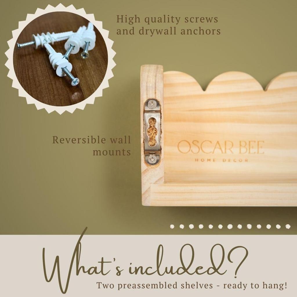 Boho Wooden Wall Shelf, Natural Pine Wood Floating Shelf, Scalloped Edge Display for Nursery, Kids’ Room, or Home Decor Nordic