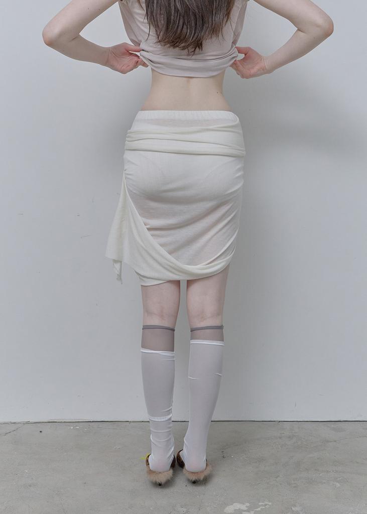 Pilse See-Through Tied Shirring Midi Skirt, Ivory