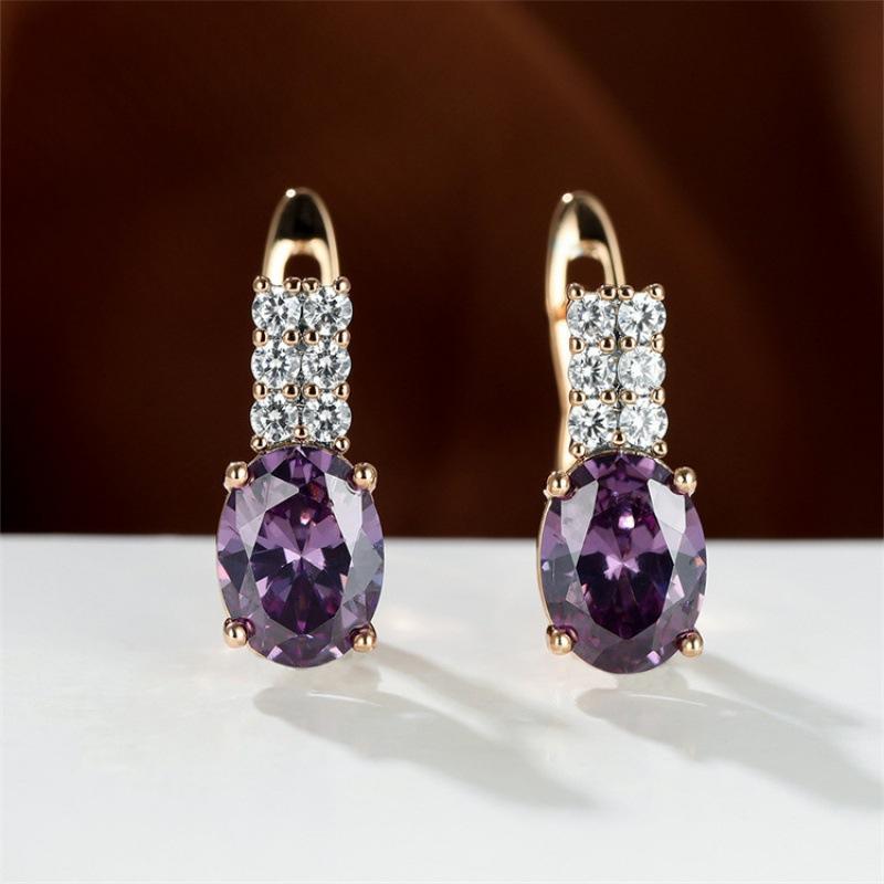 Oval amethyst zircon plated champagne gold ear buckle wedding earrings for women