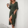 Summer new elegant wind v-neck horn medium sleeve solid color split dress