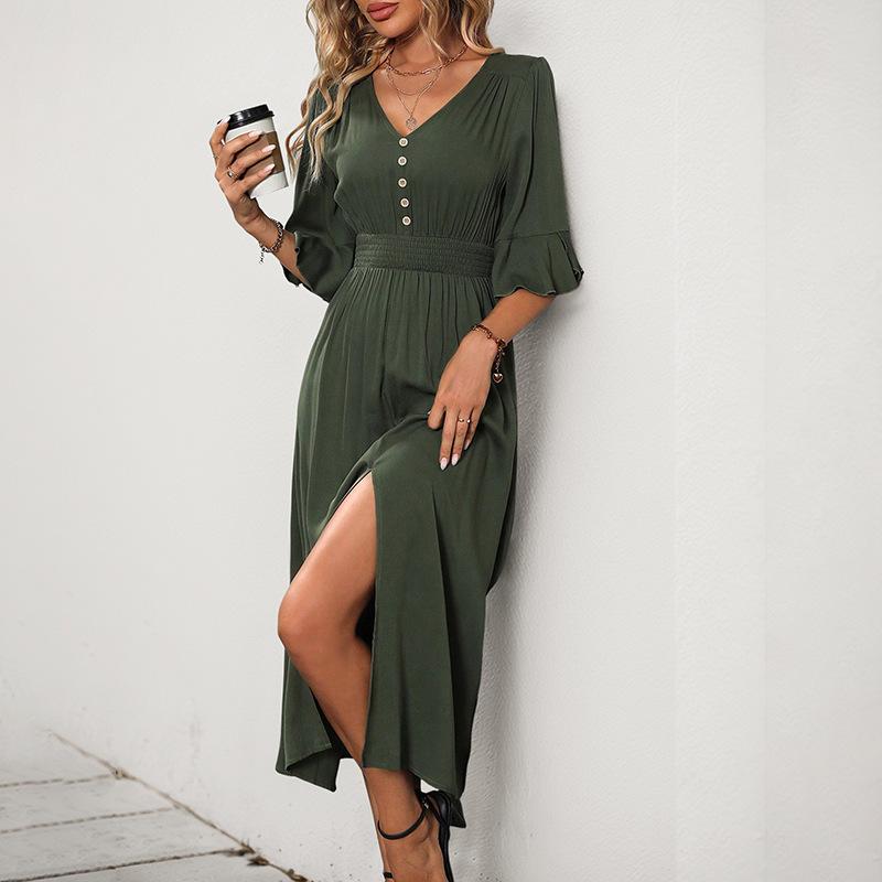 Summer new elegant wind v-neck horn medium sleeve solid color split dress