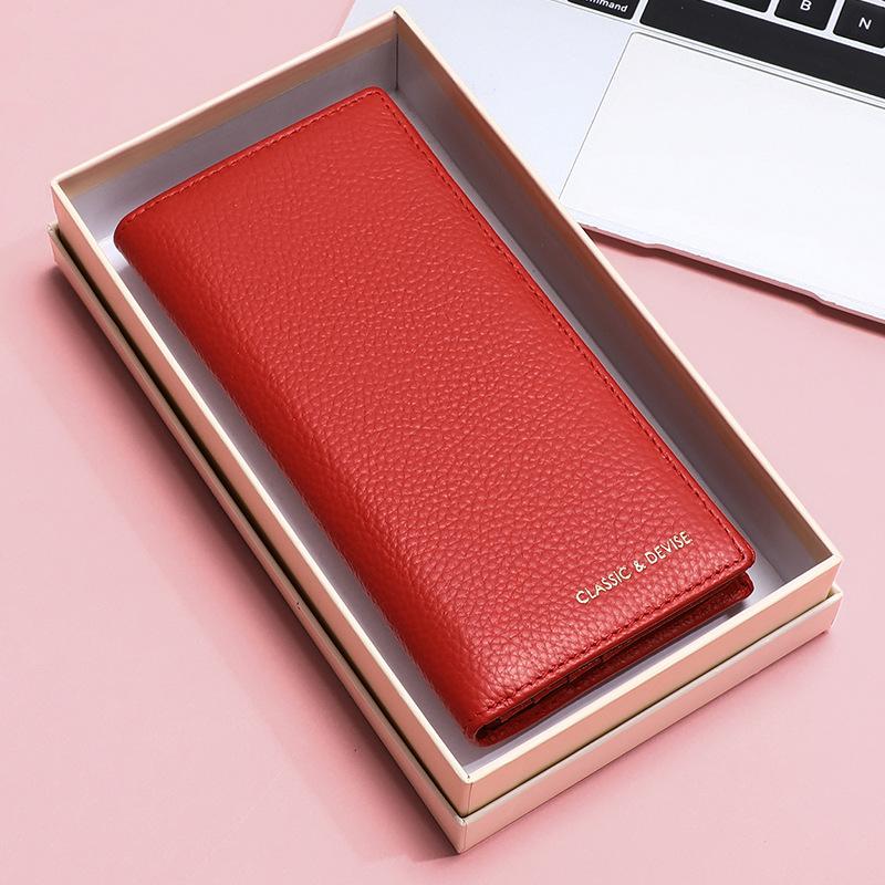 Cowhide Wallet Women's Long Folding Wallet Wallet Wallet Ticket Clip Clutch Retro Multi-function Change