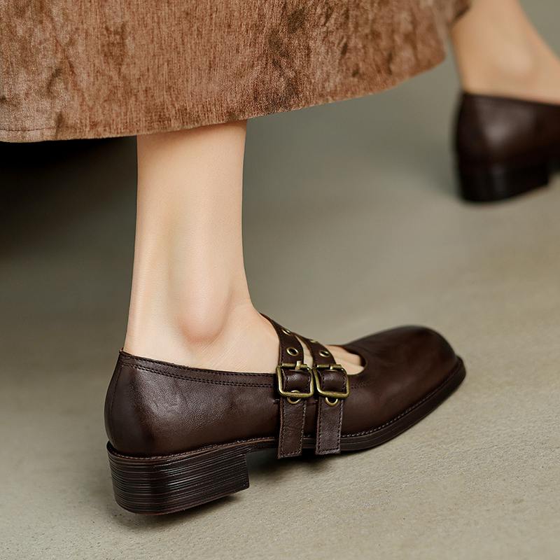 Krazing Pot Cow Skin Spring Summer Size 40 Loafers Thick Med Heels Metal Buckle Women Round Toe Leisure Pumps