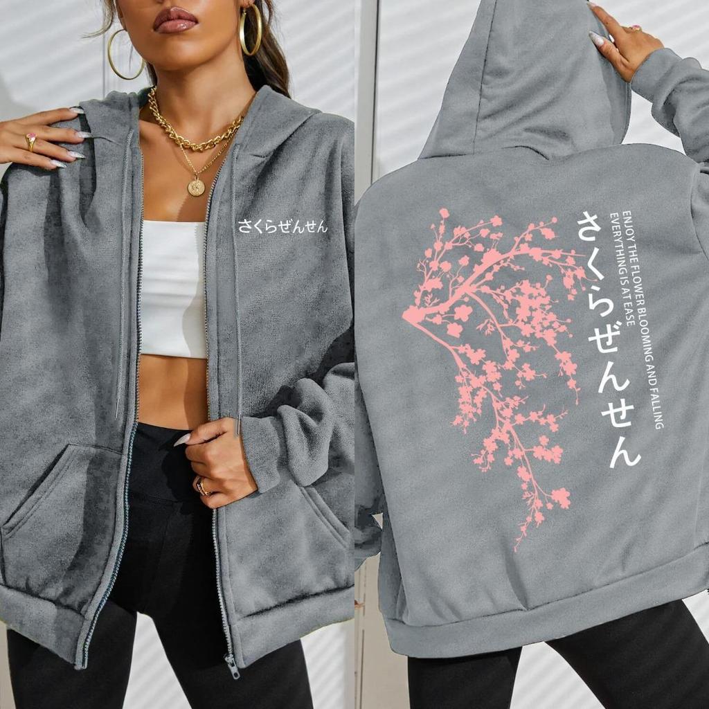 Japan Cherry Blossom Creative Letter Print Women Zipper Hoody Harajuku Loose Hoodie Fashion Fleece Streetwear Retro Top