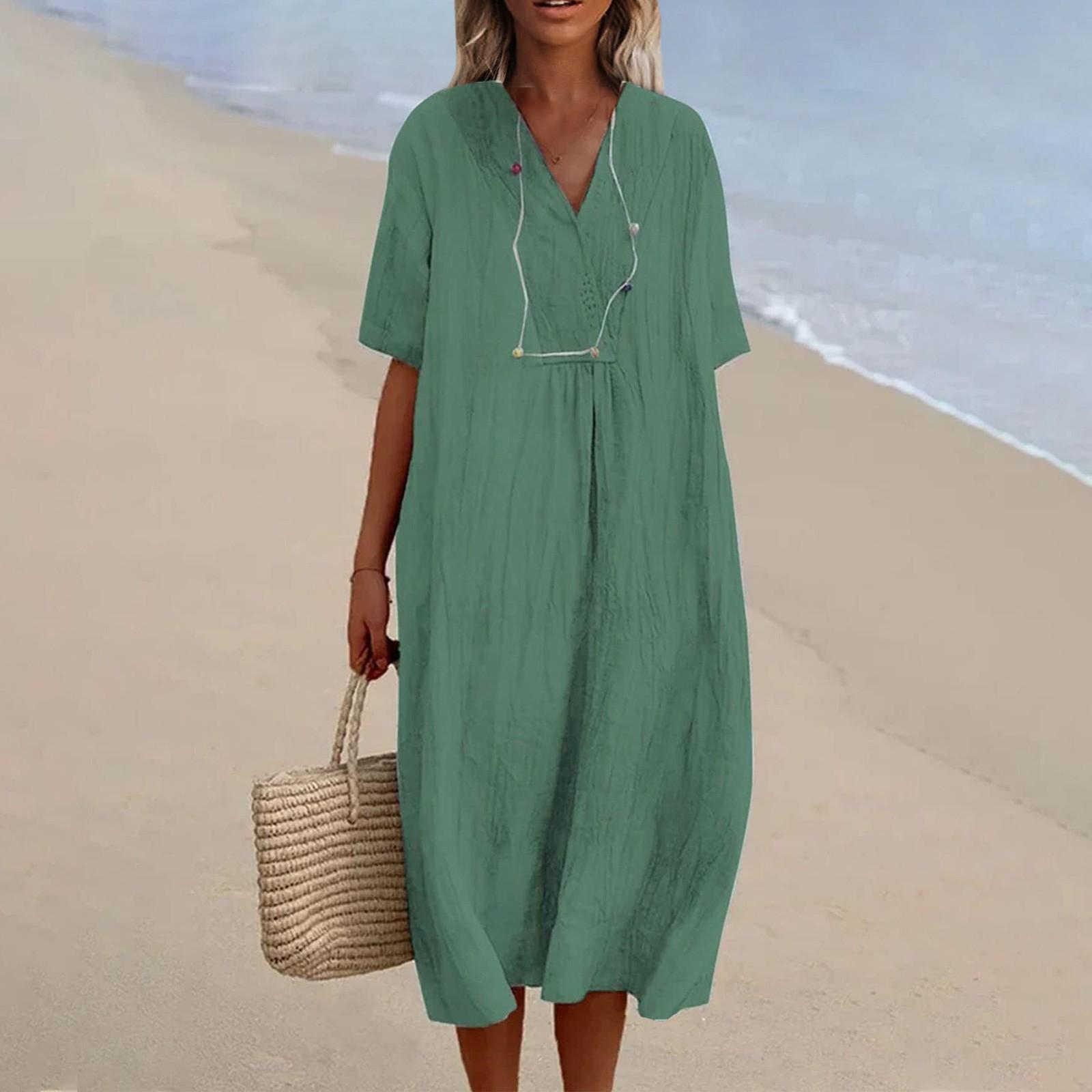 

(Почему я) Женские повседневные платья с v-образным вырезом, однотонные платья для отдыха на пляже, свободное время, свободное хлопковое льняное платье-рубашка XXL зелёный