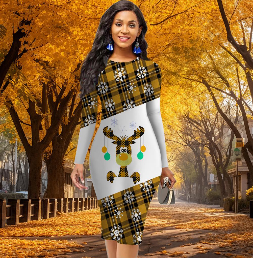 Long Sleeve Waist Tight Office Slim Fit Cartoon Animals Printing Elegant Bodycon Dress