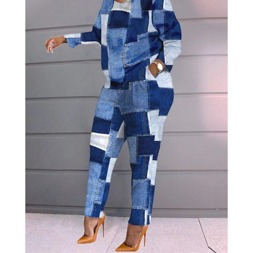 

IHUASU Модный осенне-зимний женский повседневный и удобный комплект с длинными рукавами и длинными брюками с принтом L синий