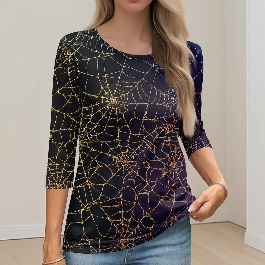Women's Fashion Casual Round Neck 3/4 Sleeve Loose Printed T-Shirt Ladies Top