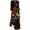 2024 Damen Retro Schmetterlingsdruck V-Ausschnitt Langarm Maxi Kleid mit Taschen
