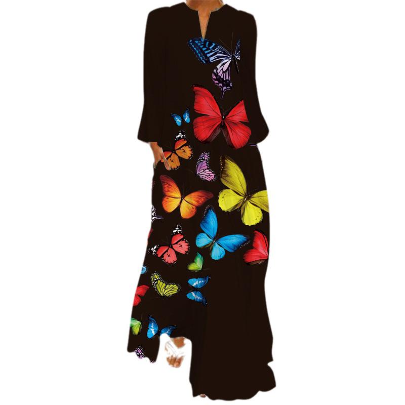 2024 Damen Retro Schmetterlingsdruck V-Ausschnitt Langarm Maxi Kleid mit Taschen