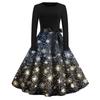 Christmas Print Flare Dress For Women Long Sleeve Dress Hollow Party Casual Dresses