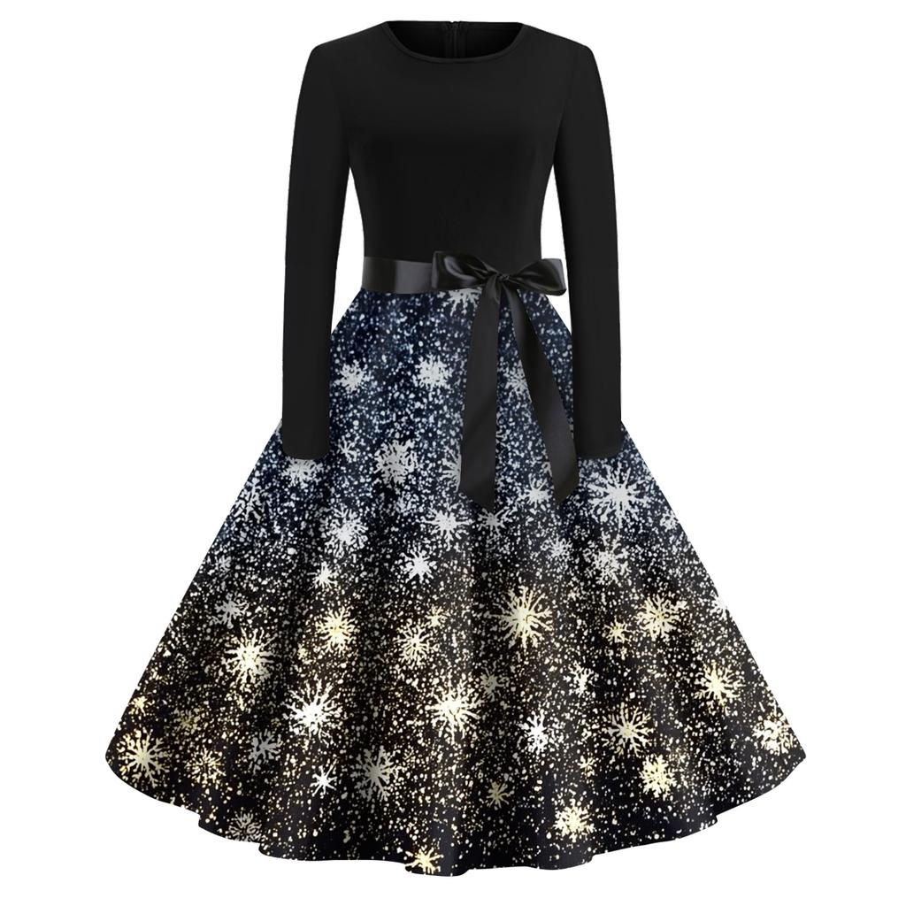 Christmas Print Flare Dress For Women Long Sleeve Dress Hollow Party Casual Dresses