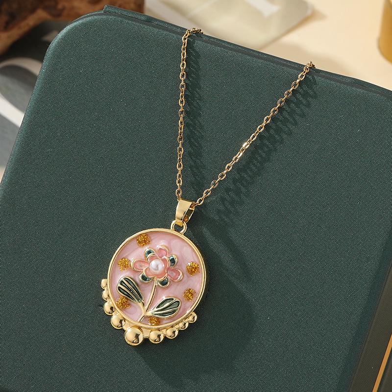 Monet-Inspired Flower Pendant Necklace, Hand-Painted, High-End Stainless Steel Clavicle Chain, New Chinese Style