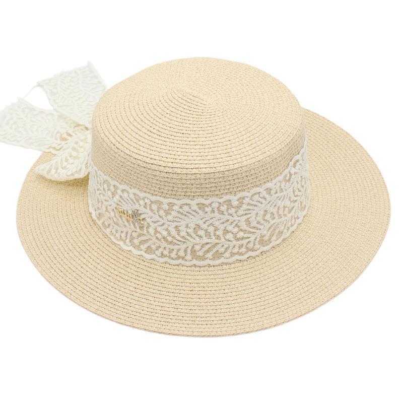 Temperament Straw Hat Female Bow Model Sun Protection Sun Hat Flat Top Hawaiian Lace Beach Hat Street Shot