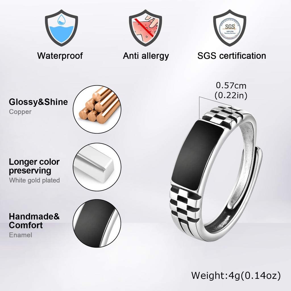 Black Rectangle Ring for Men Boys,Classic Square Ring Metal Ring Chessboard Ring,Casual Gifts for Him