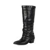 Wrinkled Boots Pile Boots Belt Buckle Rivet Pointed Trousers Boots Thick Midheel Western Boots 40-48 Large Size Boots