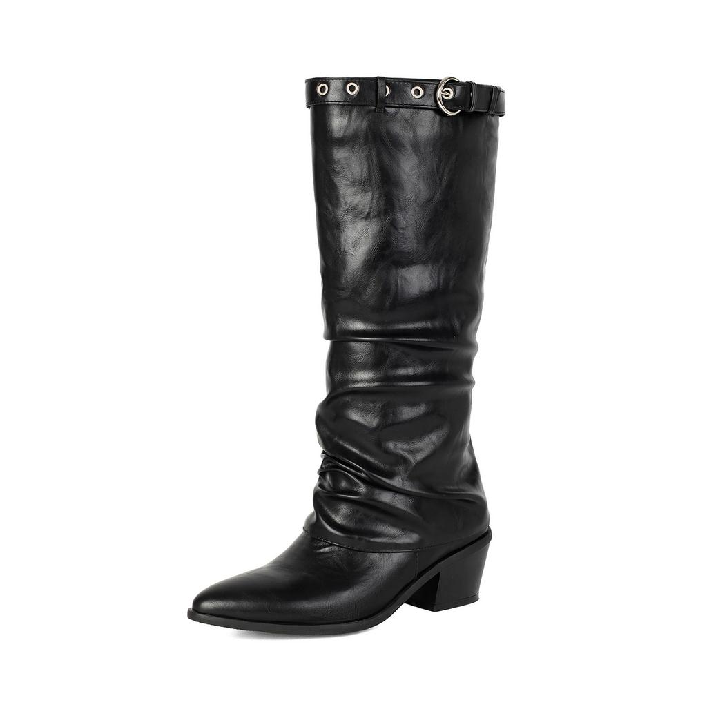 Wrinkled Boots Pile Boots Belt Buckle Rivet Pointed Trousers Boots Thick Midheel Western Boots 40-48 Large Size Boots