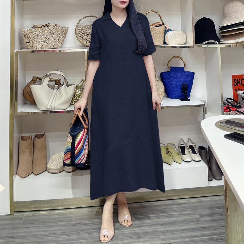 ZANZEA Vestido largo suelto informal de manga corta con cuello vuelto para mujer