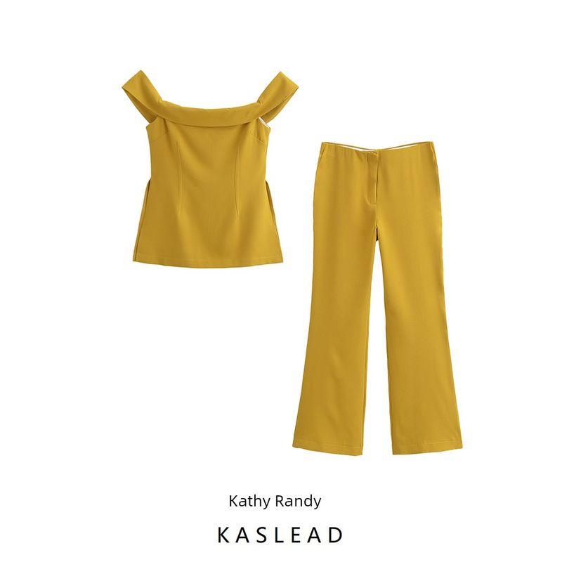 Kaslead New Arrival Women's Clothing Fashion Style Fashion Side Slit off Shoulder Tops Bell-Bottom Pants 8940500