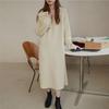 Zipper semi-open neck knitted dress women's autumn and winter new long-sleeved loose zipper sweater dress over the knee