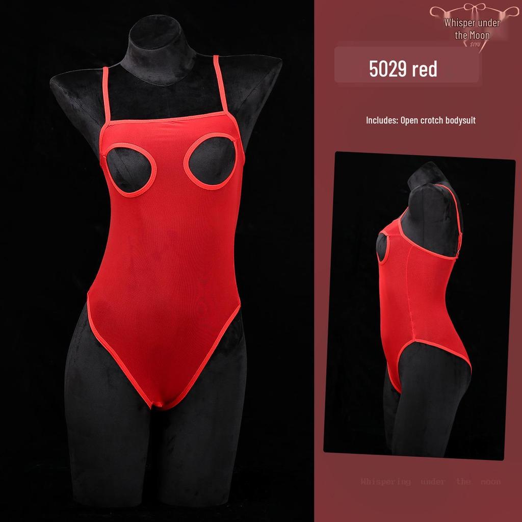Sheer Mesh Open-Cup Garter Bodysuit with Open Crotch