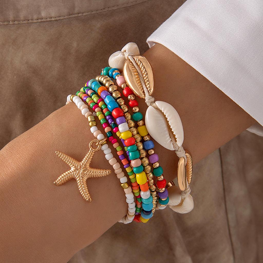 Bohemian Vacation Themed Beaded Woven Bracelet Set Seed Beads (7 Pieces)