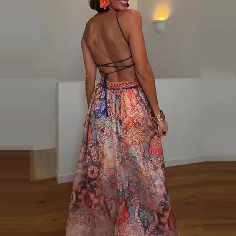Elegant Printed Women's Dress Halter Sleeveless Lace Up A-Line Lady Long Dresses Summer Female Vacation Holiday Robe New