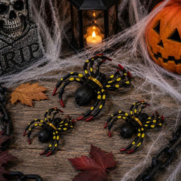 Lot of 3 Halloween Spiders – 1 Spider 9 Cm and 2 Spiders 6 Cm, Black, Yellow and Red, Scary Decoration for Party